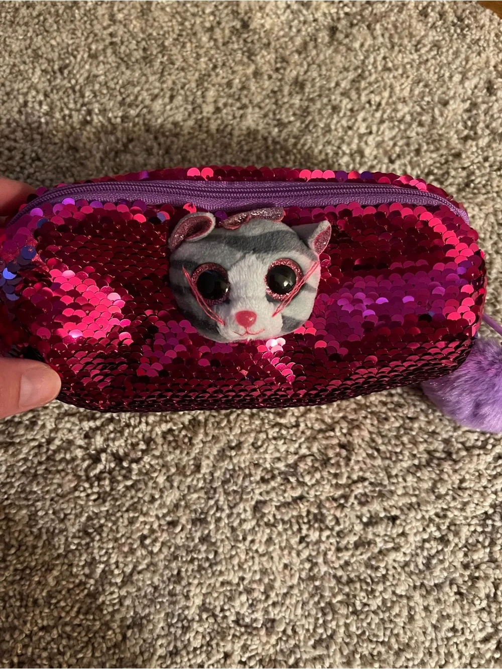 Ty Pink Sequin Small Pets Plush Pencil Case with Purple Pom